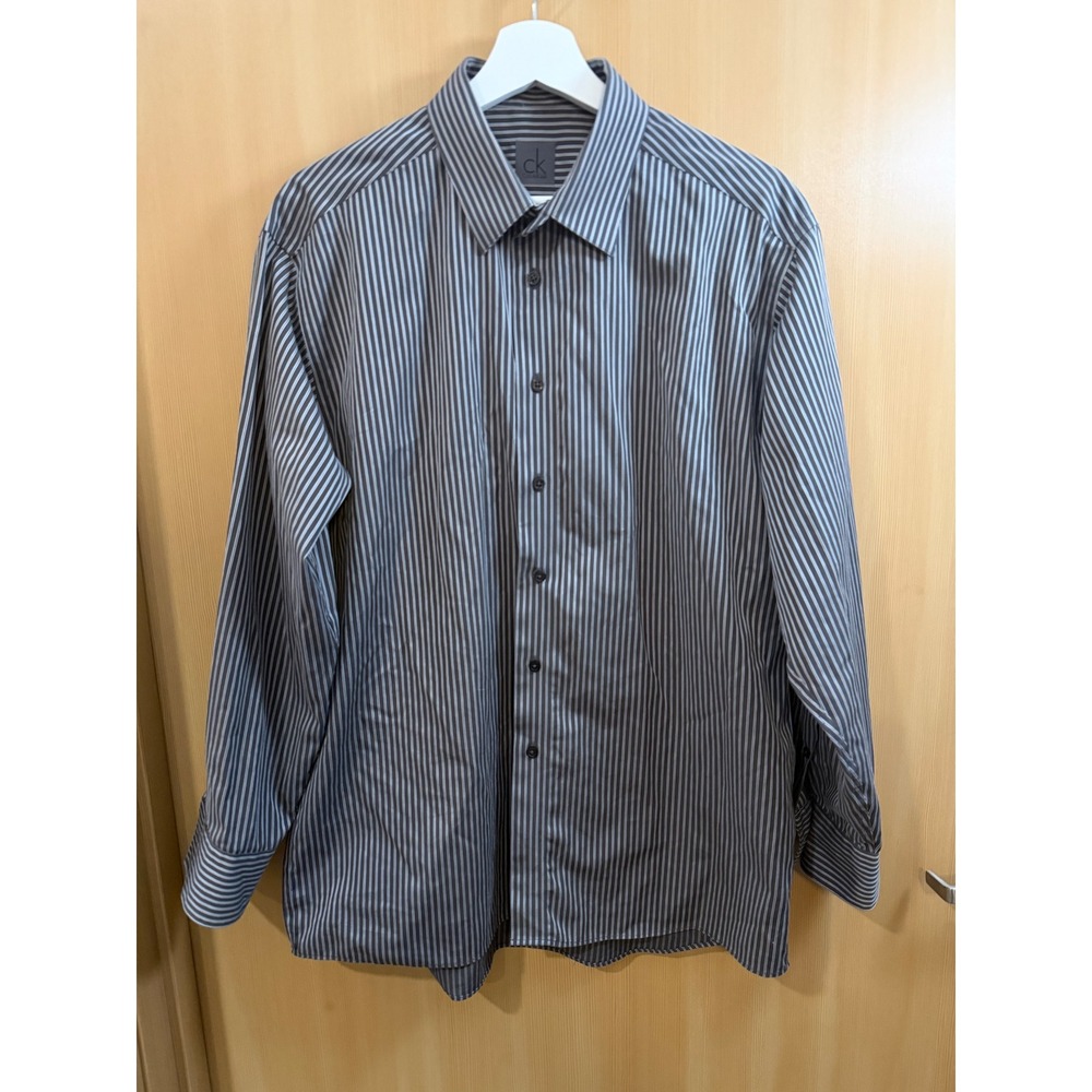 Calvin Klein Mens Grey White Striped Long Sleeve Button Down Dress Shirt L 16.5